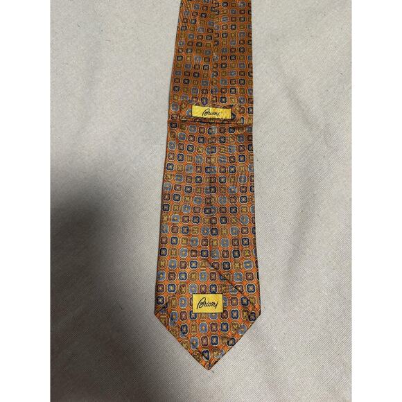 Brioni Tie Mens Orange Blue Silk Handmade in Italy Medallion Geometric Necktie - Picture 2 of 8